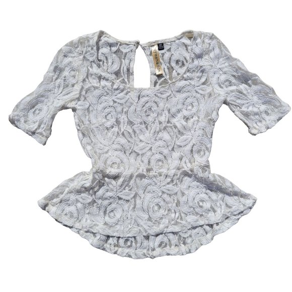 Eyeshadow Lace Floral Top 1/4 Sleeve Boat Neck White Womans X Small - Picture 4 of 8